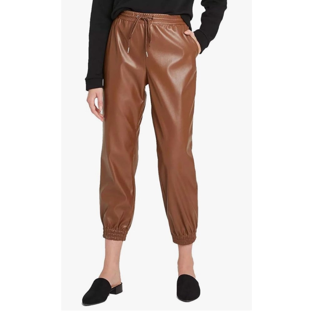 New Day Faux Leather Jogger‎ Pants Brown Drawstring Elastic Waist Size Small